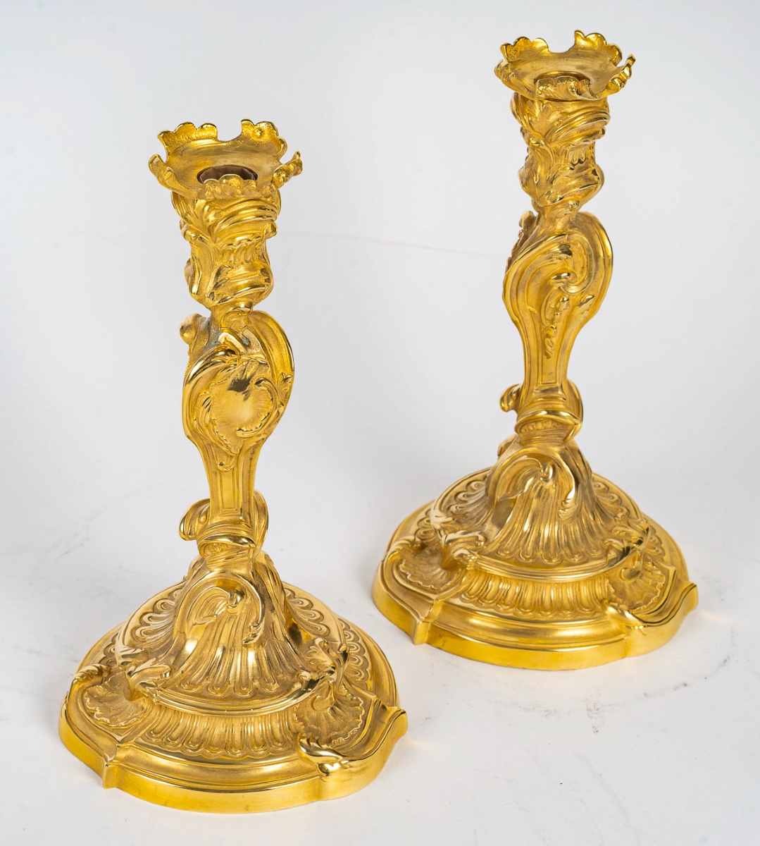  Pair Of Louis XV Gilt Bronze Butterfly Candlesticks After Meissonnier, Mounted As Lamps-photo-6