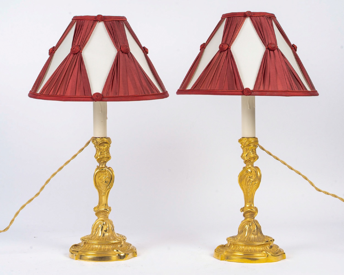 Pair Of Louis XV Gilt Bronze Butterfly Candlesticks After Meissonnier, Mounted As Lamps-photo-8