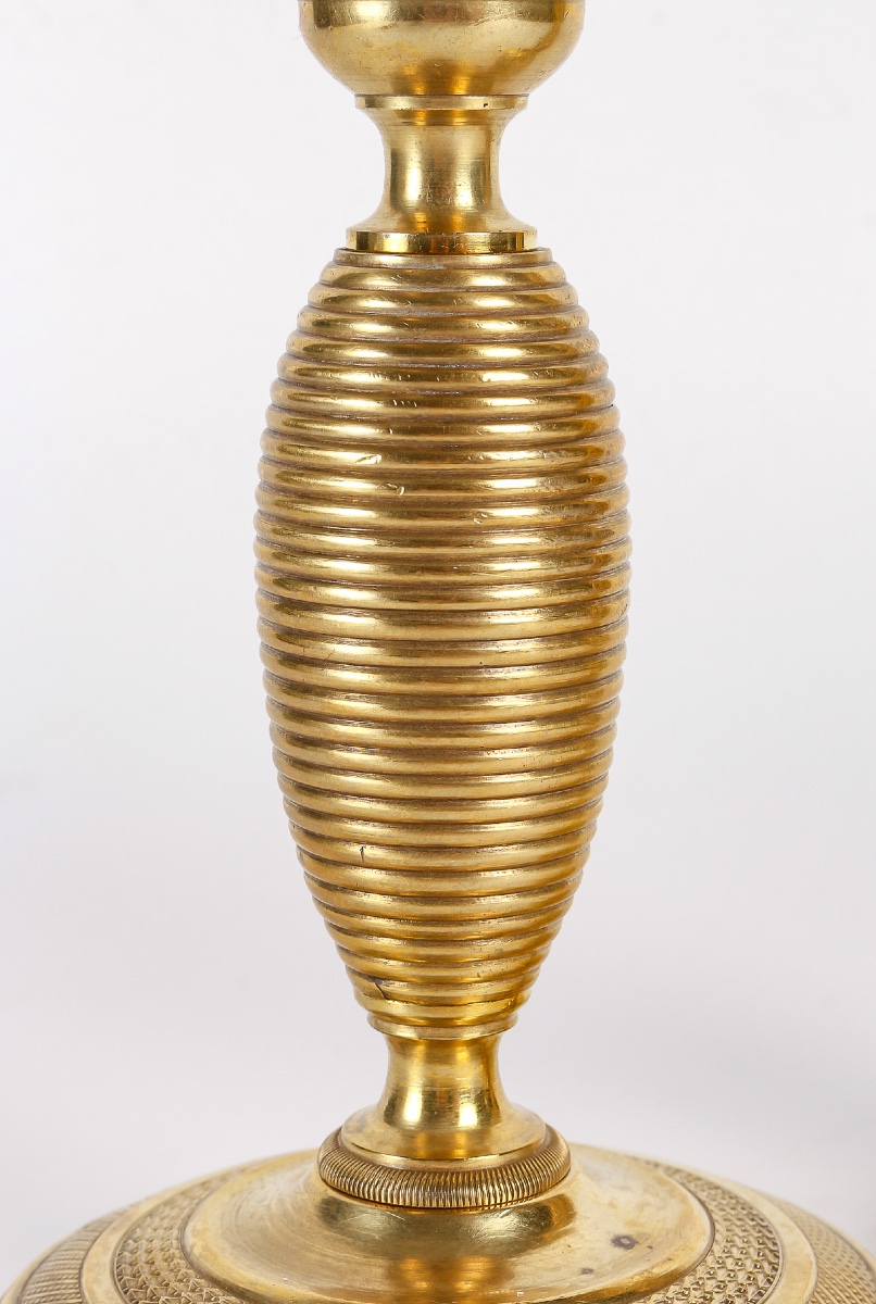 Pair Of Small Empire-era "ragot" Candlesticks In Chiseled And Gilt Bronze, C. 1805-1815-photo-1