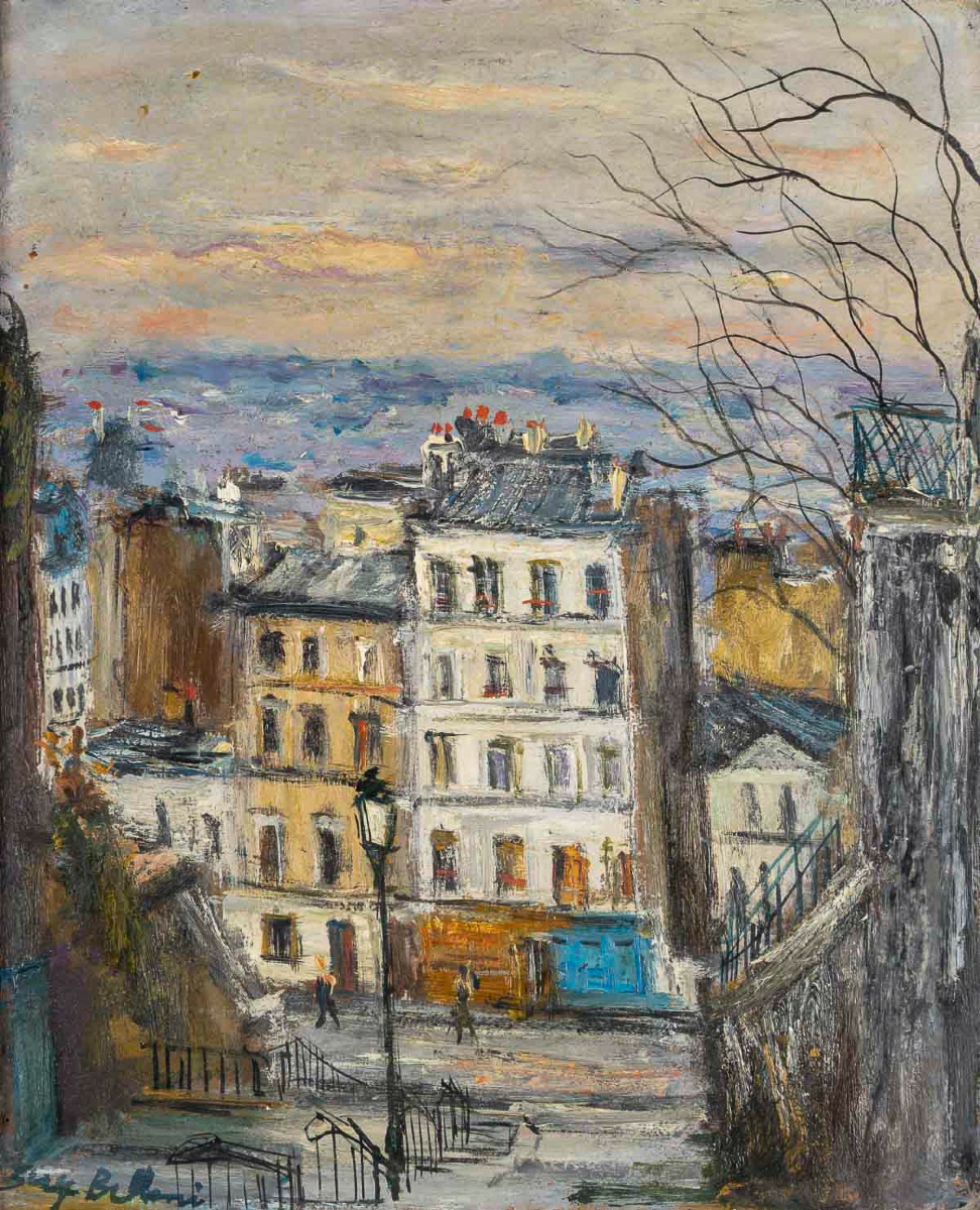 Serge Belloni (1925-2005) L’escalier de la rue du Calvaire à Montmartre huile sur panneau 1960-photo-2