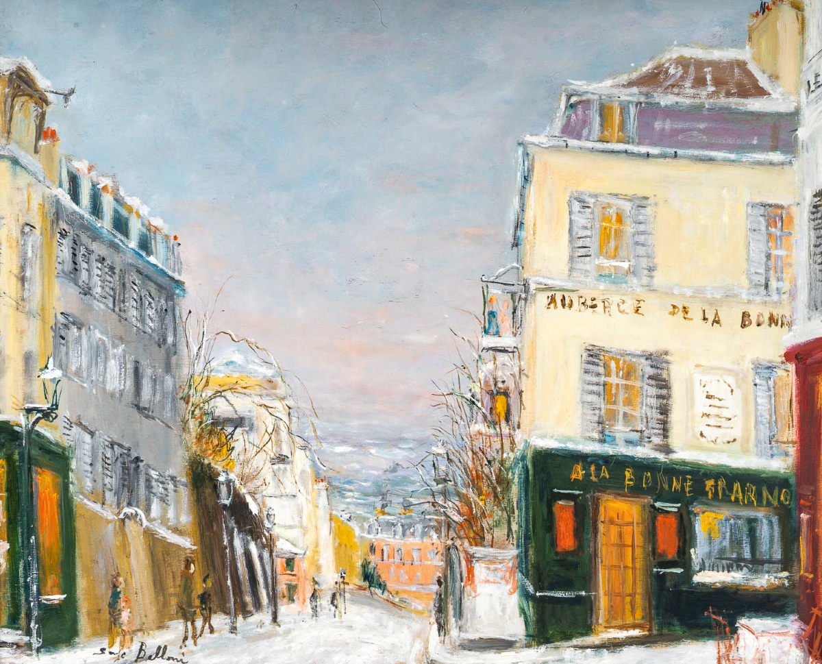 Serge Belloni (1925-2005) - La Rue des Saules sous la neige huile sur bois vers 1970-photo-2