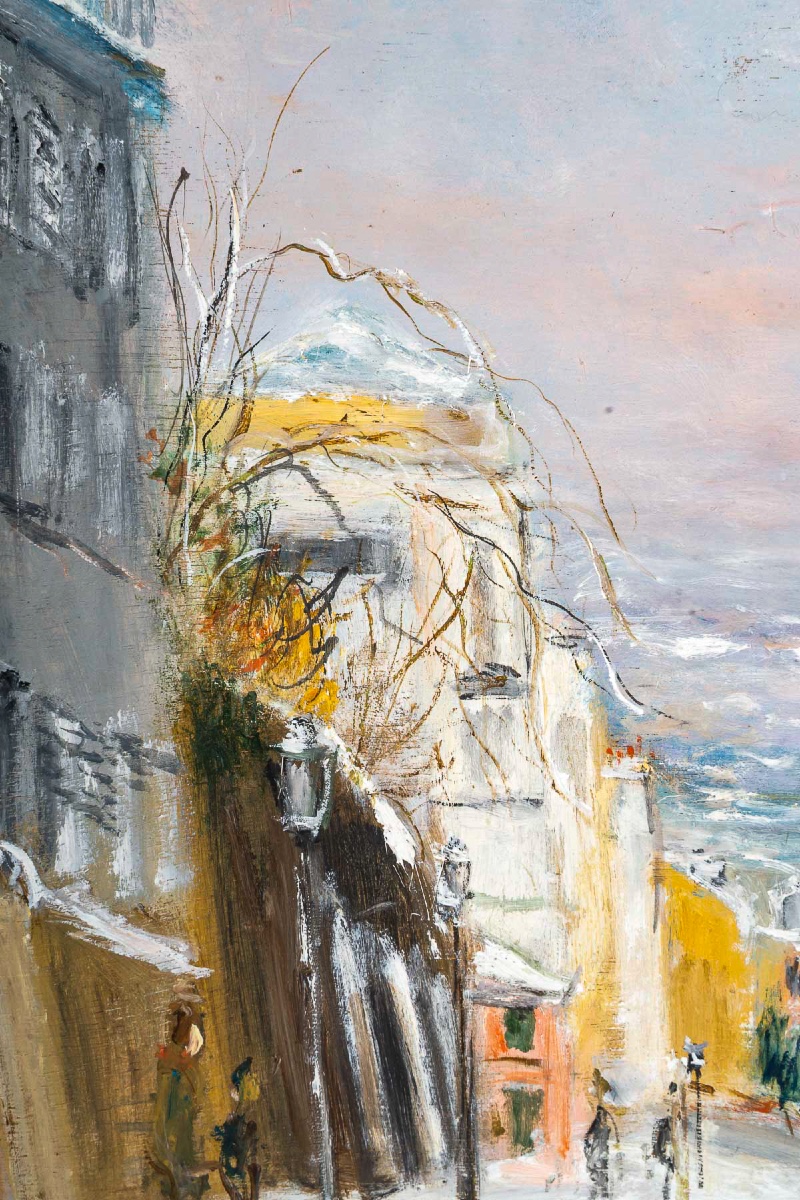 Serge Belloni (1925-2005) - La Rue des Saules sous la neige huile sur bois vers 1970-photo-2