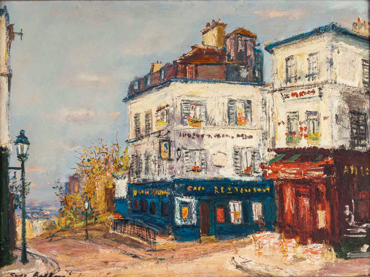 Serge Belloni (1925-2005) - Le Café de la Rue des Saules en Automne huile sur bois vers 1980-photo-2