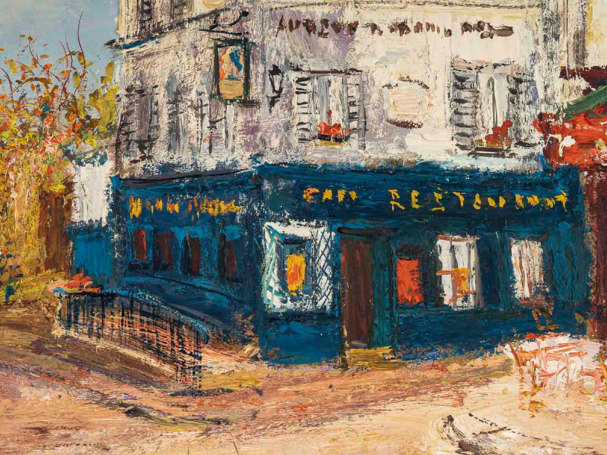 Serge Belloni (1925-2005) - Le Café de la Rue des Saules en Automne huile sur bois vers 1980-photo-3