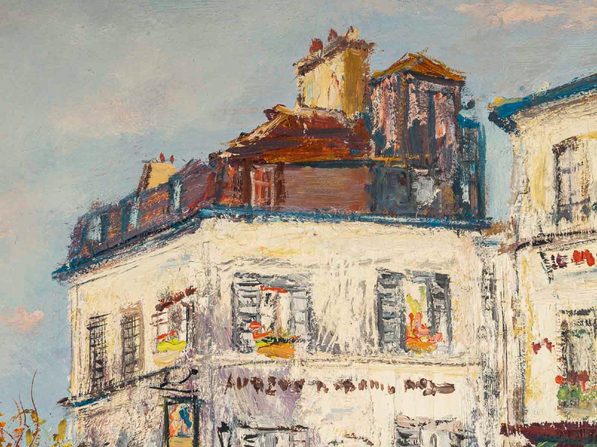 Serge Belloni (1925-2005) - Le Café de la Rue des Saules en Automne huile sur bois vers 1980-photo-4