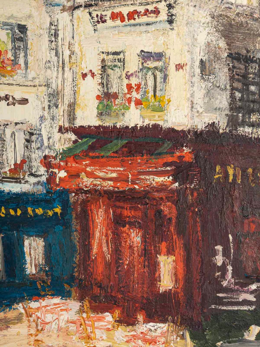 Serge Belloni (1925-2005) - Le Café de la Rue des Saules en Automne huile sur bois vers 1980-photo-1