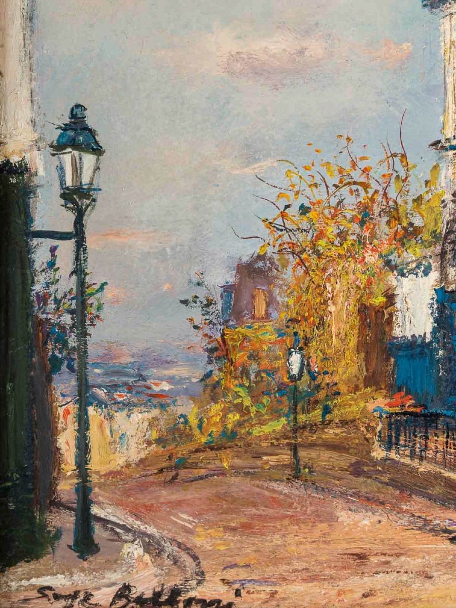 Serge Belloni (1925-2005) - Le Café de la Rue des Saules en Automne huile sur bois vers 1980-photo-2