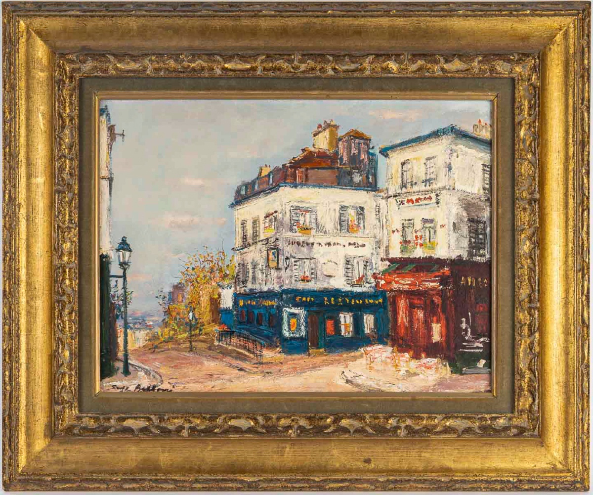 Serge Belloni (1925-2005) - Le Café de la Rue des Saules en Automne huile sur bois vers 1980