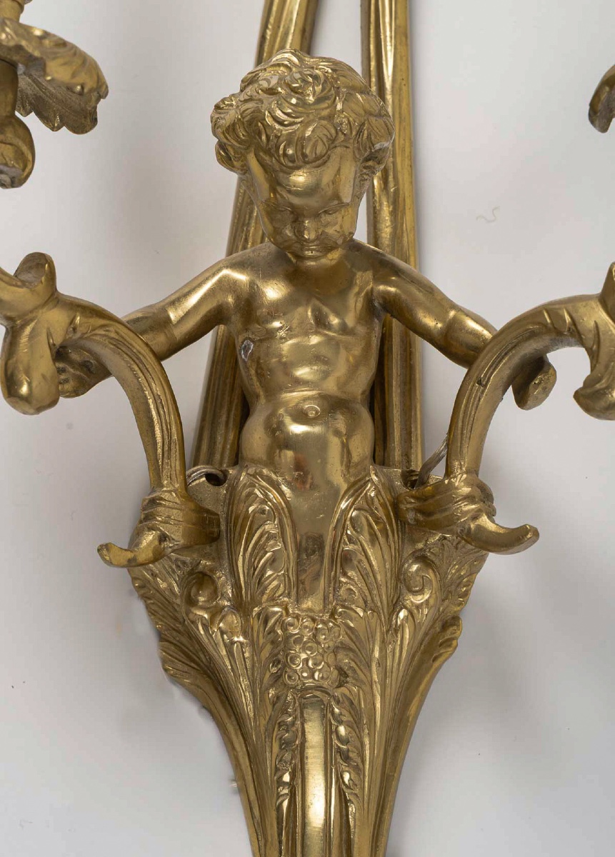 Set Of Four Transition-style Putti Wall Sconces In Chiseled And Gilt Bronze, C. 1880-photo-2