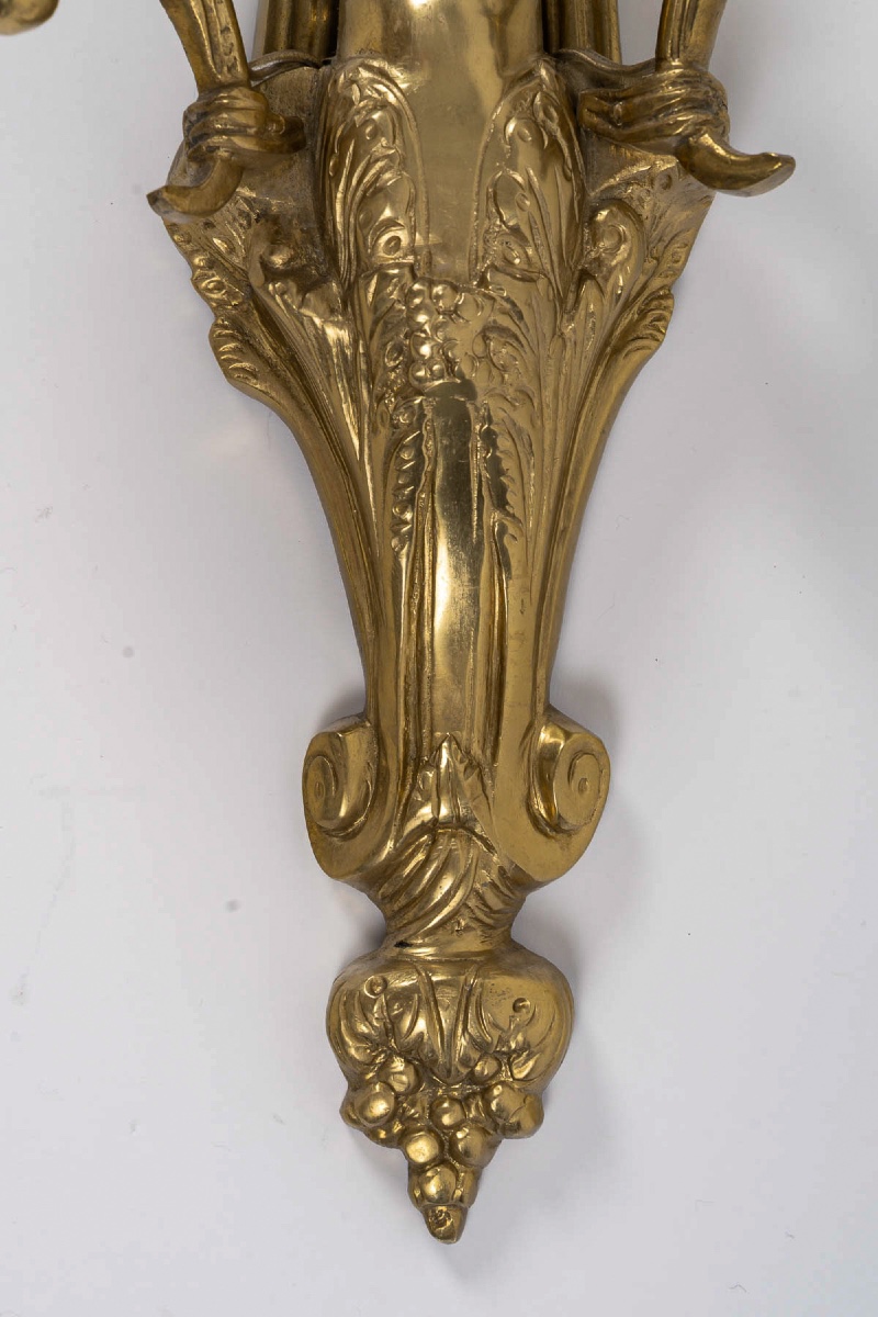 Set Of Four Transition-style Putti Wall Sconces In Chiseled And Gilt Bronze, C. 1880-photo-3