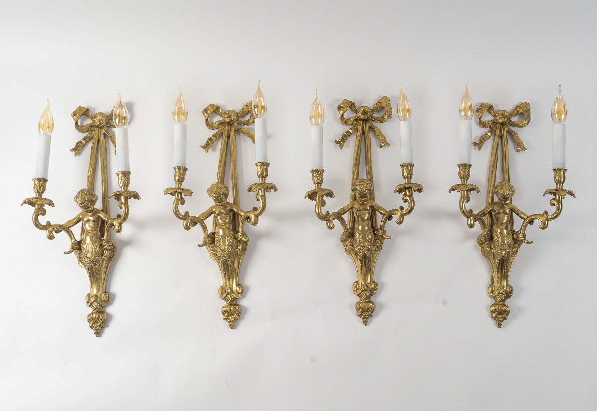Set Of Four Transition-style Putti Wall Sconces In Chiseled And Gilt Bronze, C. 1880-photo-5