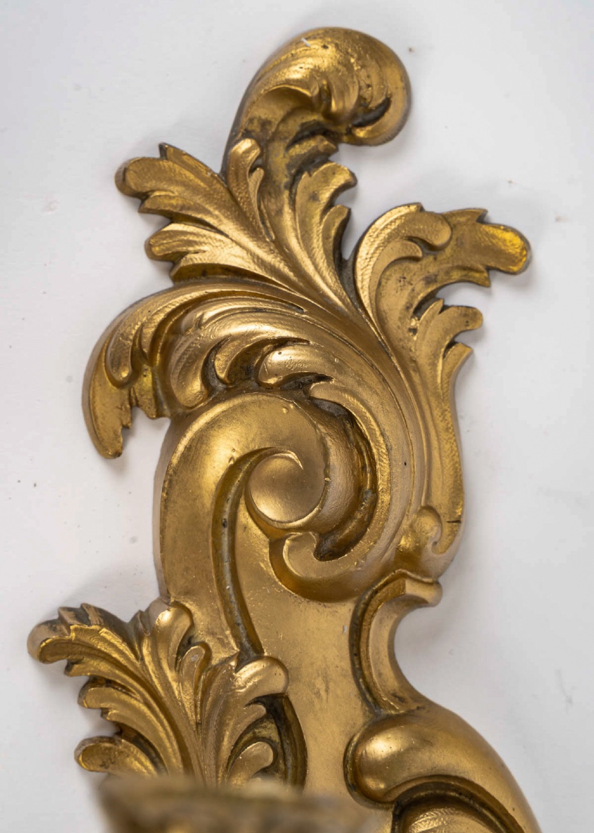 Pair Of Rocaille- Louis XV Style Three Light Wall Sconces In Gilt Bronze, C. 1900-photo-2