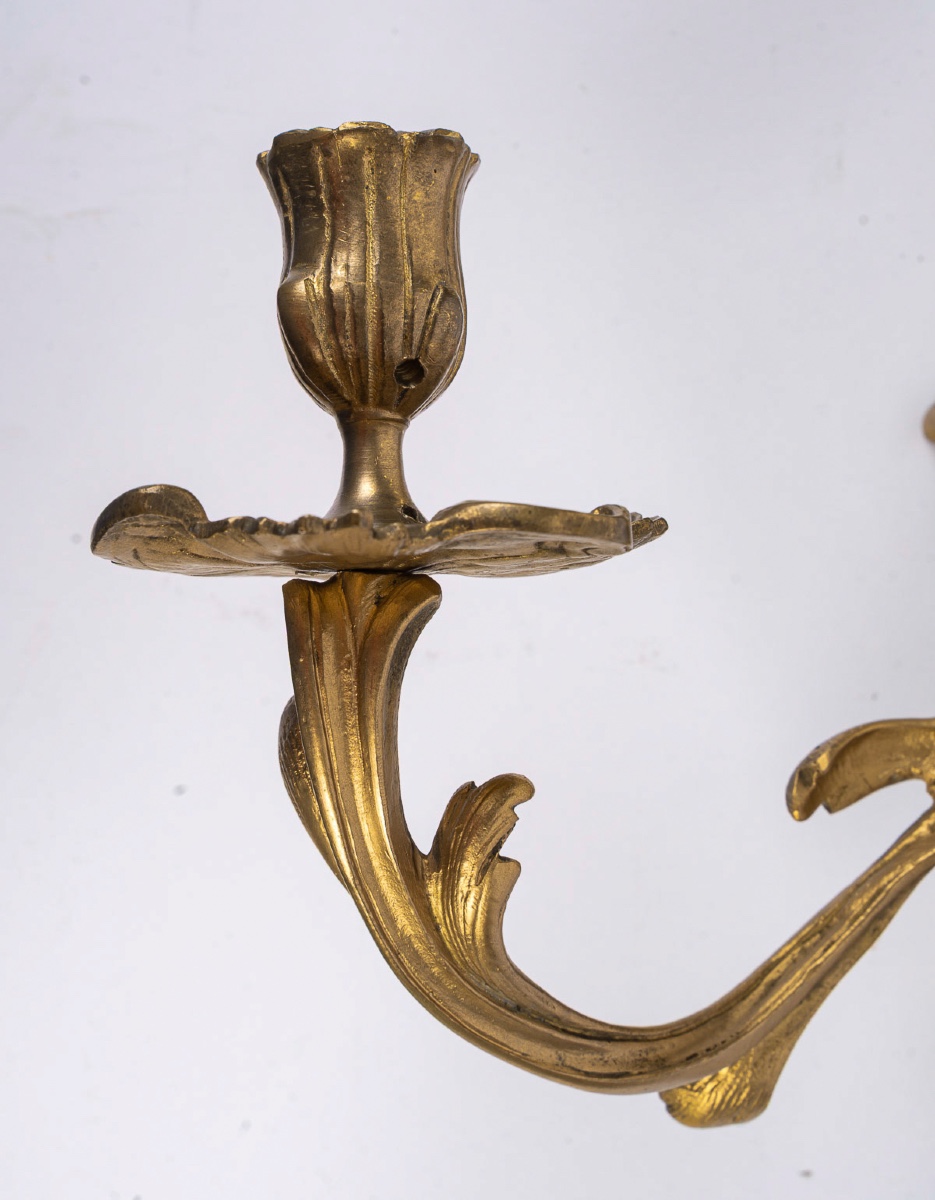 Pair Of Rocaille- Louis XV Style Three Light Wall Sconces In Gilt Bronze, C. 1900-photo-3