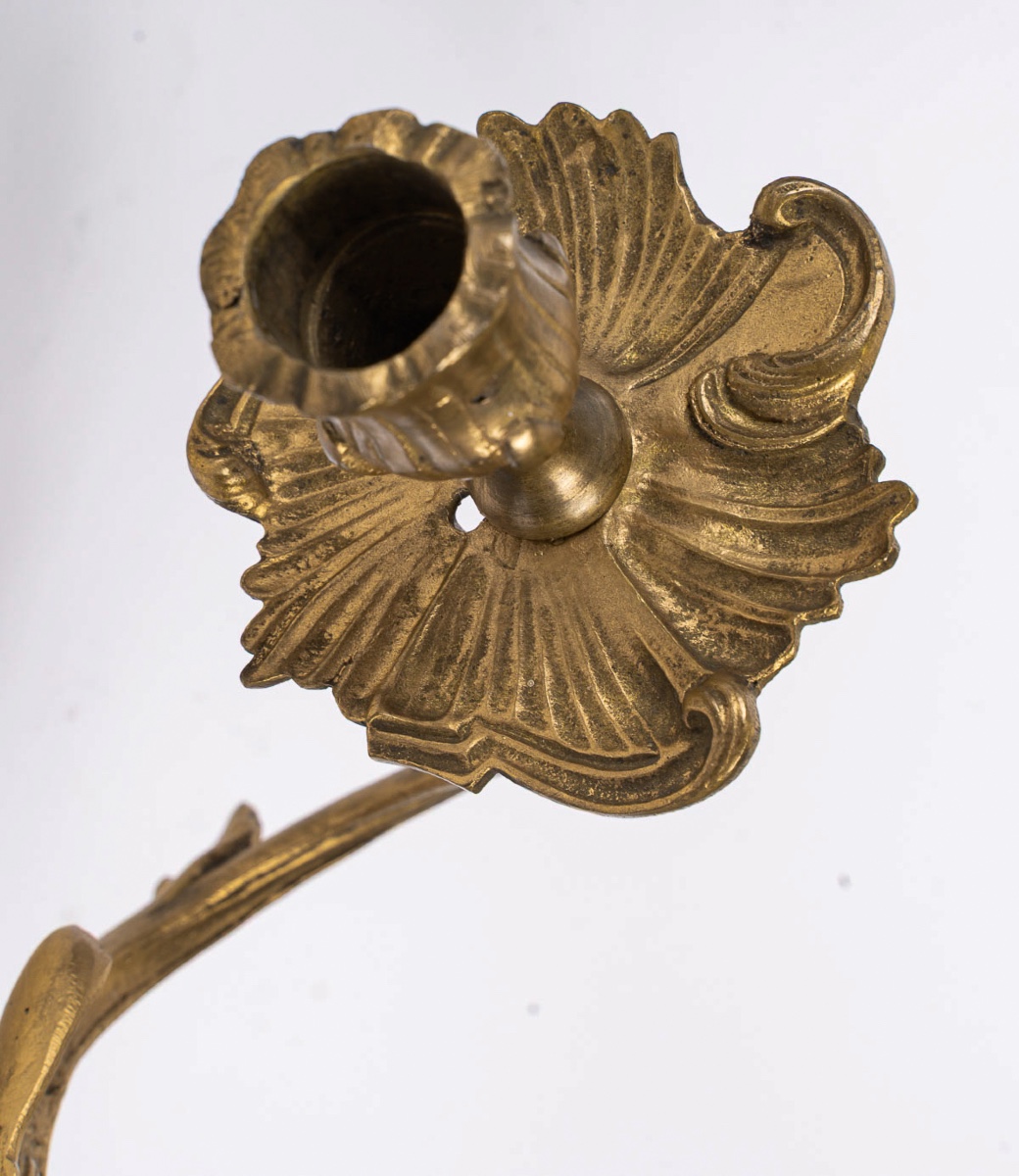 Pair Of Rocaille- Louis XV Style Three Light Wall Sconces In Gilt Bronze, C. 1900-photo-4