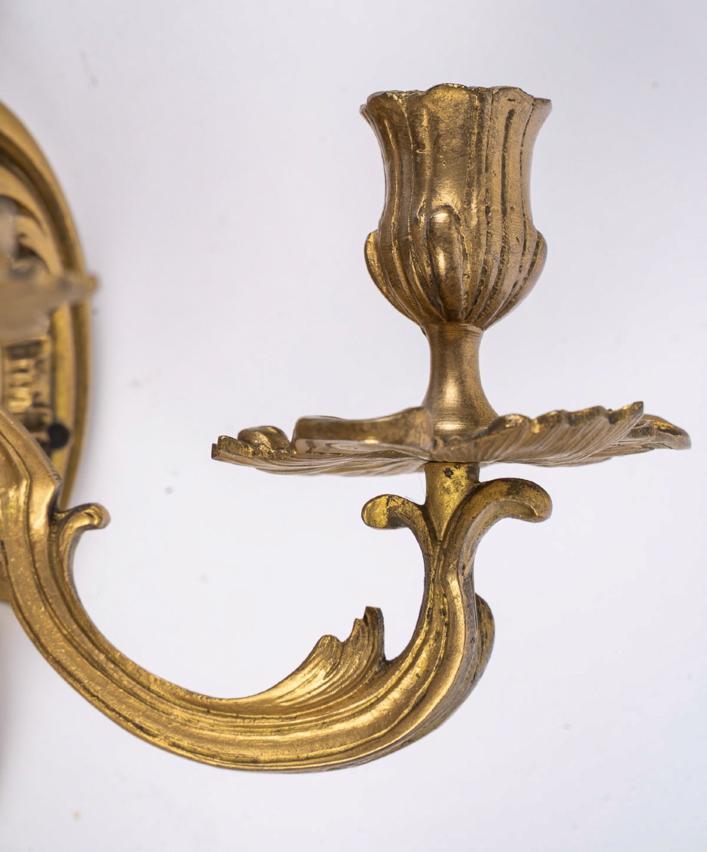 Pair Of Rocaille- Louis XV Style Three Light Wall Sconces In Gilt Bronze, C. 1900-photo-1