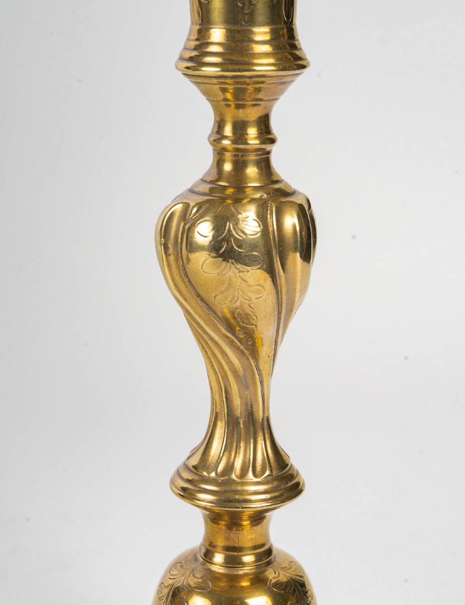 Pair Of Candlesticks Mounted As Lamps In Chiseled And Gilt Bronze, Louis XV Period Circa 1750-photo-1