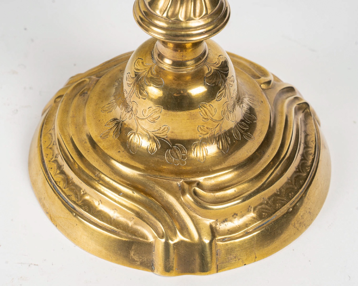 Pair Of Candlesticks Mounted As Lamps In Chiseled And Gilt Bronze, Louis XV Period Circa 1750-photo-3