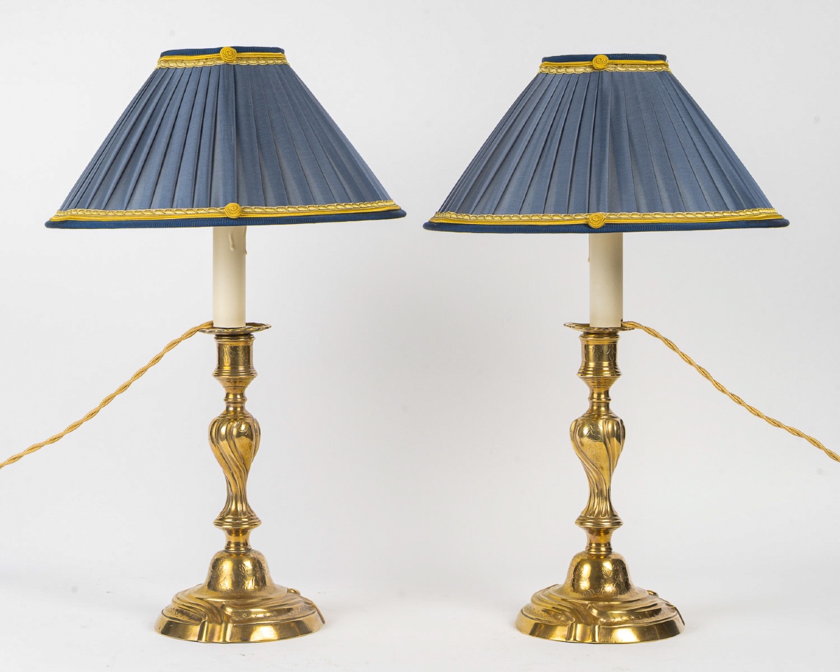 Pair Of Candlesticks Mounted As Lamps In Chiseled And Gilt Bronze, Louis XV Period Circa 1750-photo-5