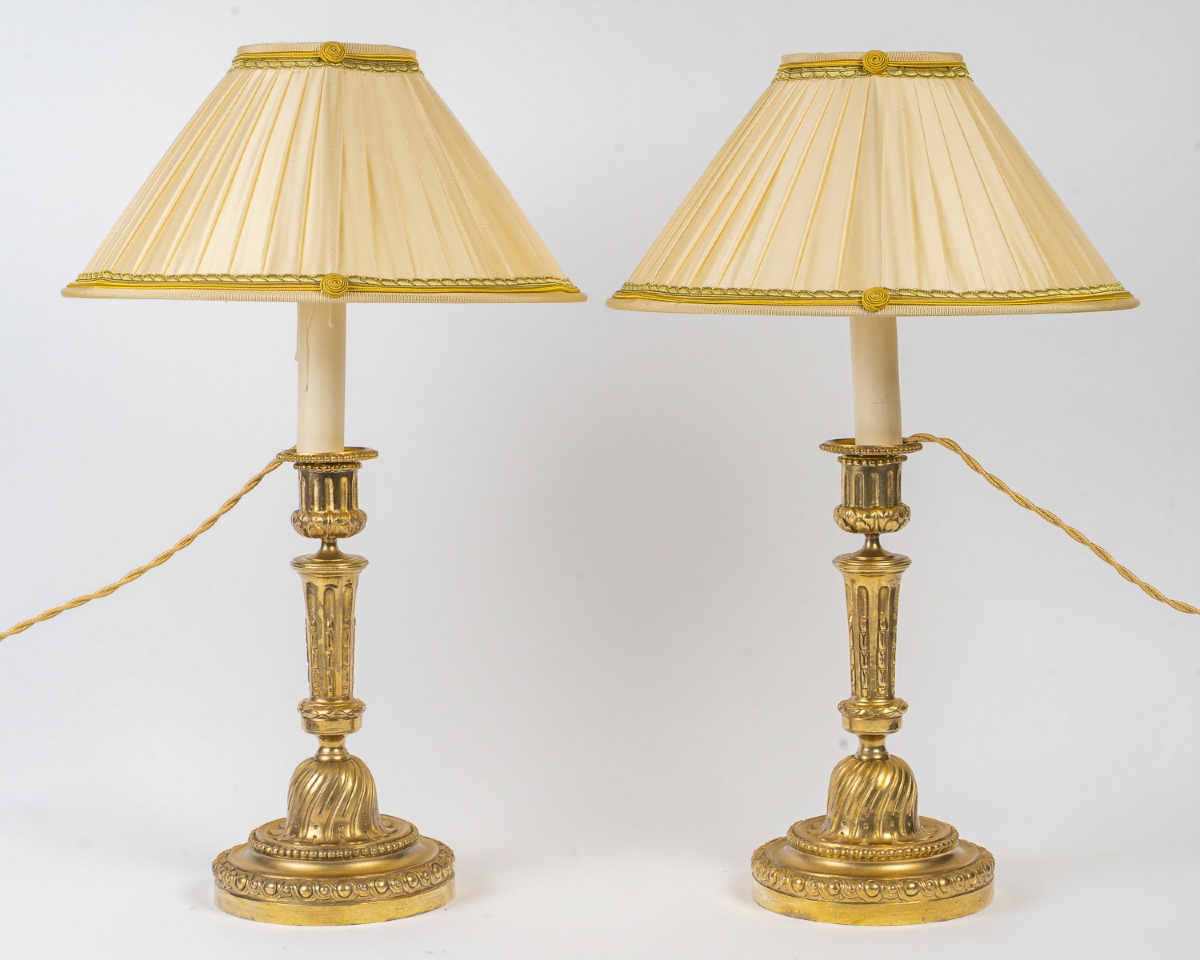 Pair Of Louis XVI Style Candlesticks Circa 1820 In Chiseled Bronze, Mounted As Lamps