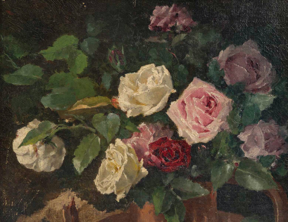 Nature morte au bouquet de Roses huile sur toile de la fin du XIXe siècle-photo-2