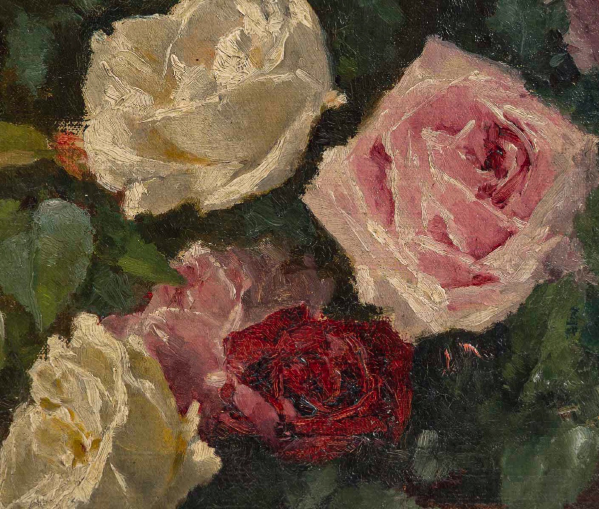Nature morte au bouquet de Roses huile sur toile de la fin du XIXe siècle-photo-4