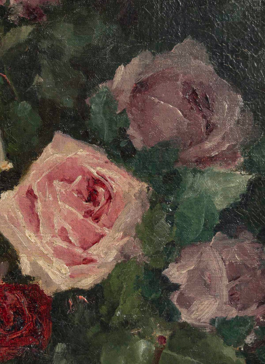 Nature morte au bouquet de Roses huile sur toile de la fin du XIXe siècle-photo-1