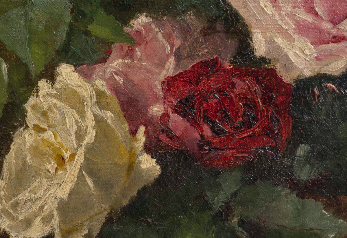 Nature morte au bouquet de Roses huile sur toile de la fin du XIXe siècle-photo-3