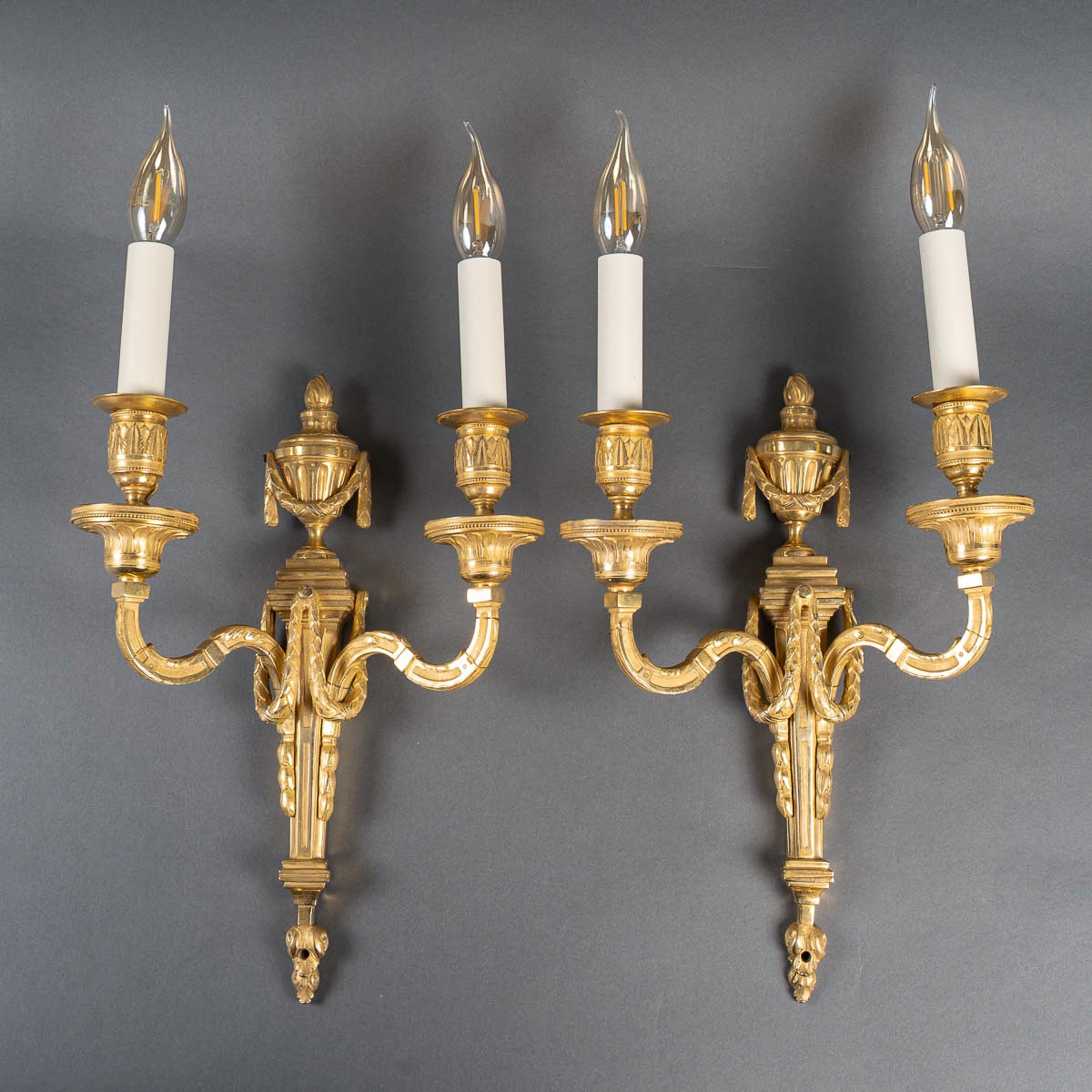 Pair Of Louis XVI Style Chiseled Bronze Two-light Wall Sconces Circa 1820-1850-photo-2