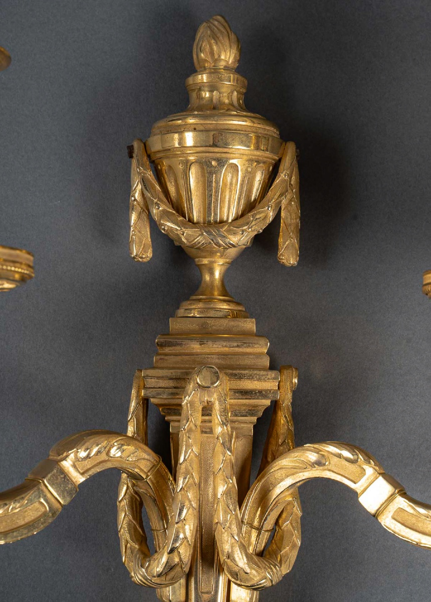 Pair Of Louis XVI Style Chiseled Bronze Two-light Wall Sconces Circa 1820-1850-photo-3