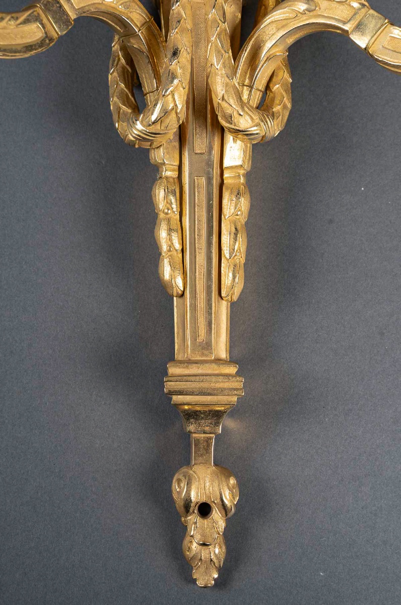 Pair Of Louis XVI Style Chiseled Bronze Two-light Wall Sconces Circa 1820-1850-photo-3