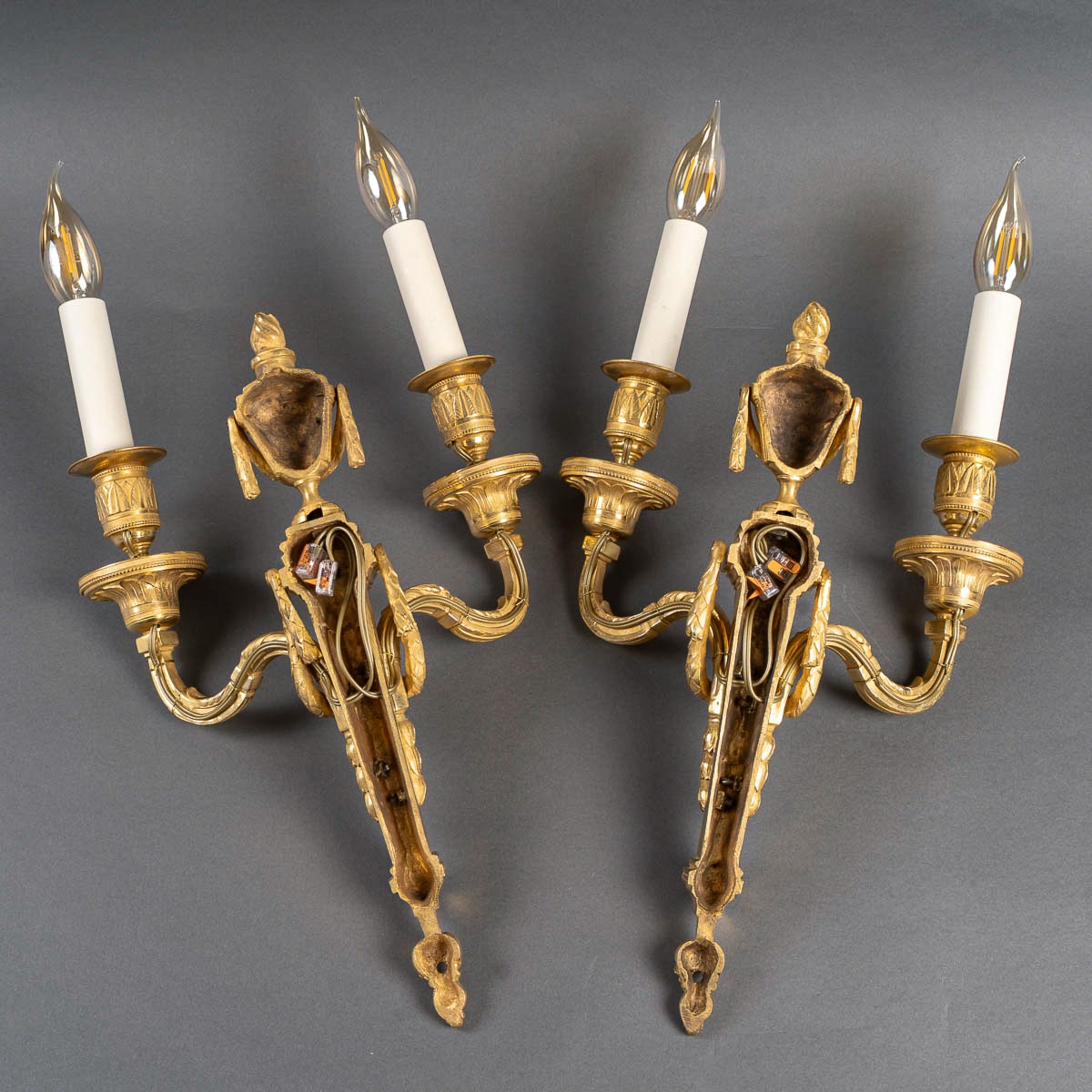 Pair Of Louis XVI Style Chiseled Bronze Two-light Wall Sconces Circa 1820-1850-photo-4