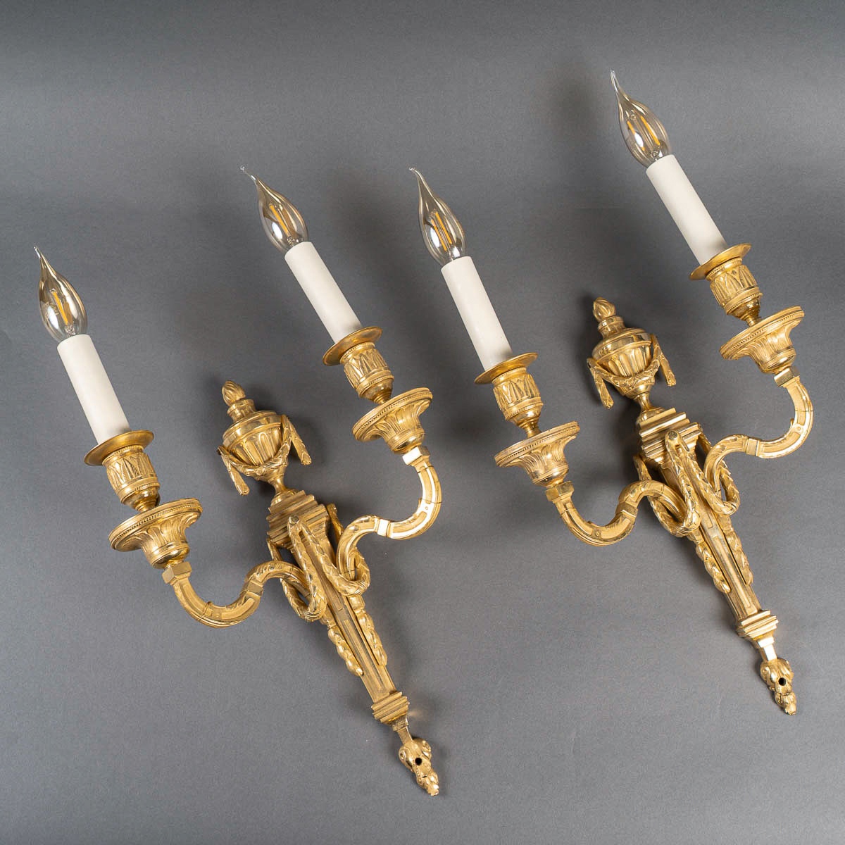 Pair Of Louis XVI Style Chiseled Bronze Two-light Wall Sconces Circa 1820-1850