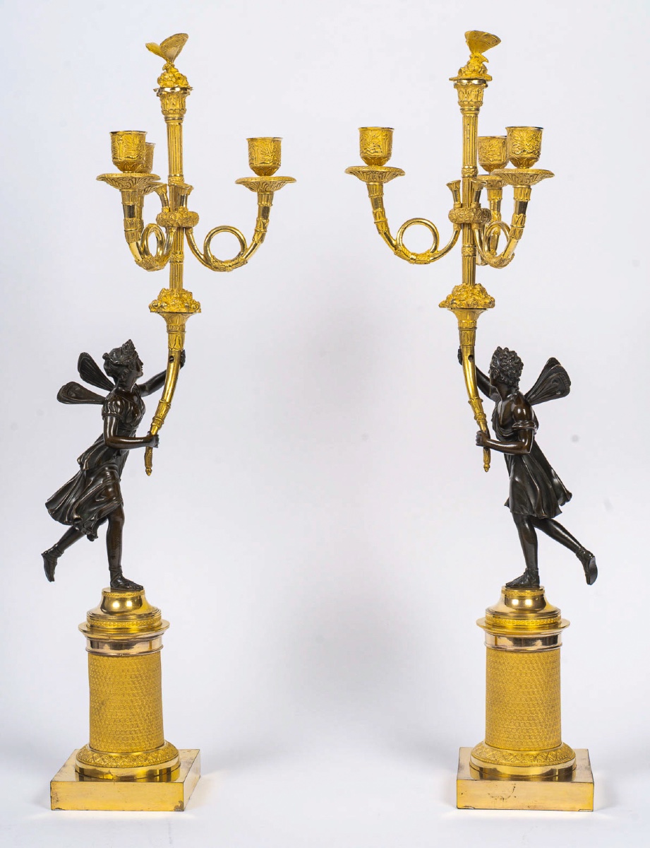 A Pair Of Empire Period Bronze Candelabra With Antique Figures Of Psyche And Antéros, C. 1805-photo-2