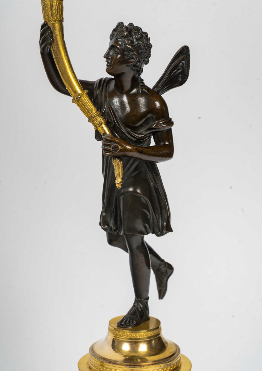 A Pair Of Empire Period Bronze Candelabra With Antique Figures Of Psyche And Antéros, C. 1805-photo-4