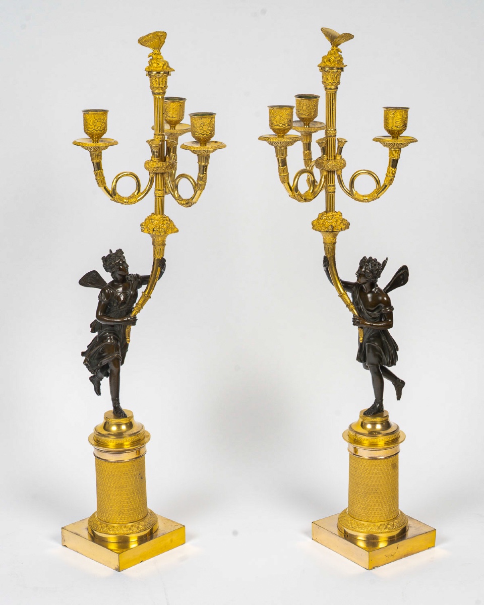 A Pair Of Empire Period Bronze Candelabra With Antique Figures Of Psyche And Antéros, C. 1805