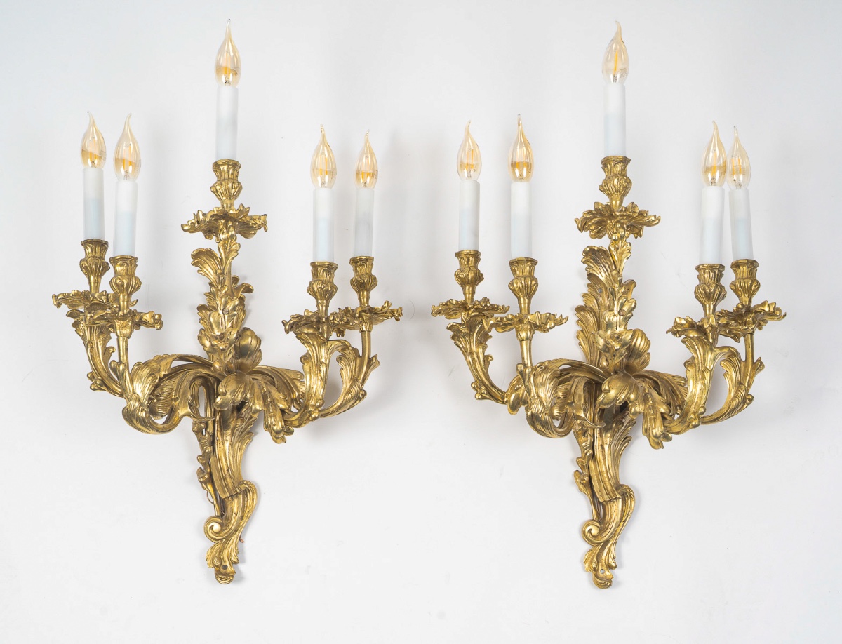 A Large Pair Of Louis XV-style Five-light Wall Sconces In Gilt Bronze, C. 1890–1900
