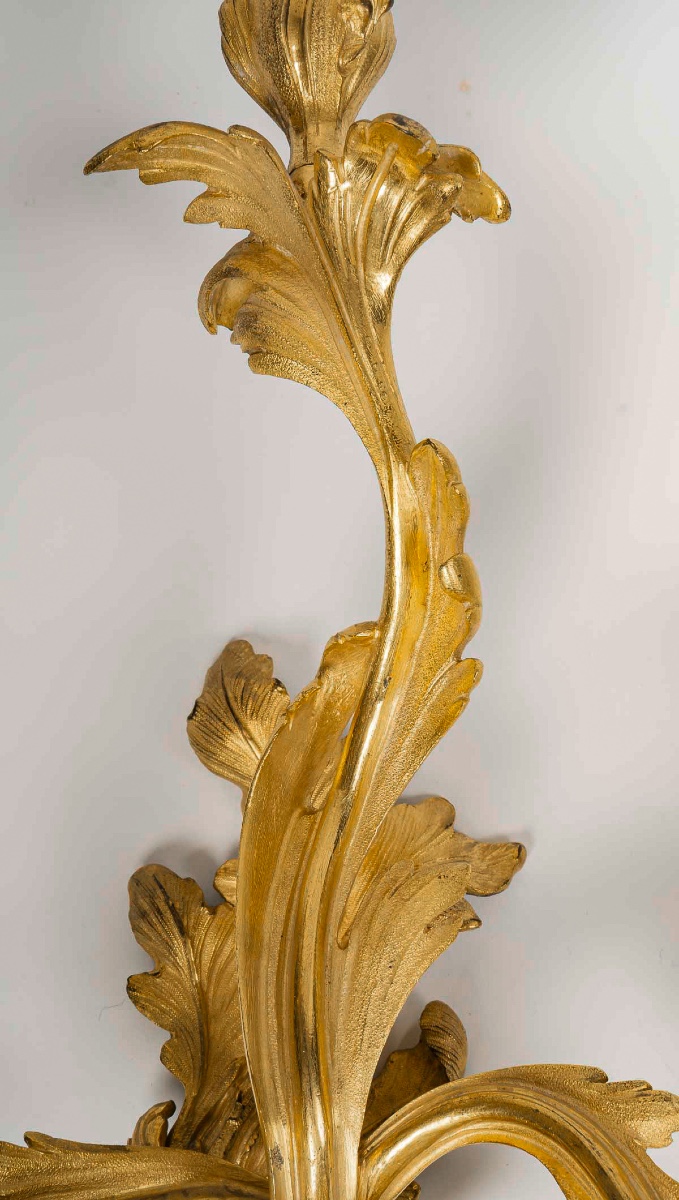 Paire de grandes appliques en bronze doré d’après Juste-Aurèle Meissonnier, vers 1850-photo-4