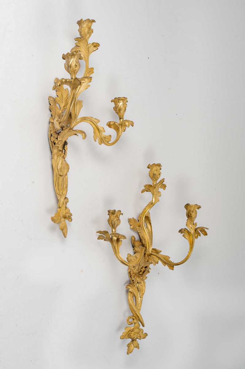 Paire de grandes appliques en bronze doré d’après Juste-Aurèle Meissonnier, vers 1850-photo-4