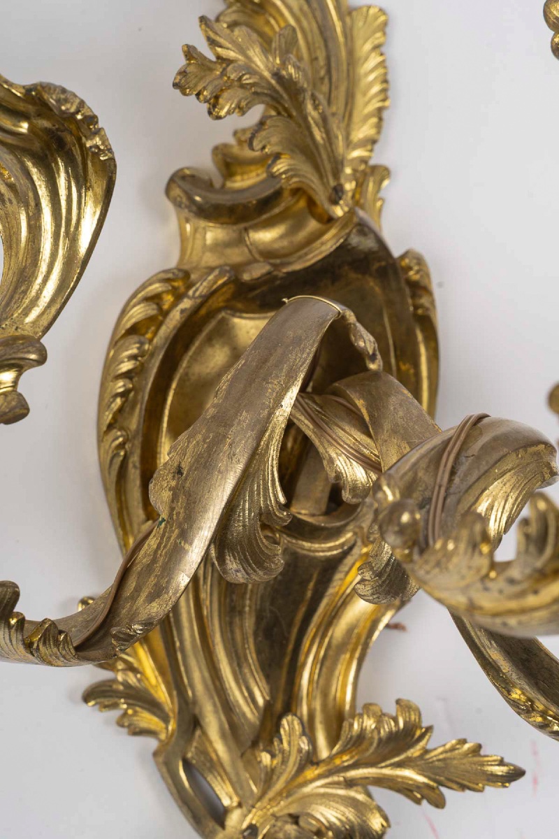 A Large Pair Of Louis XV Rocaille Style Three-light Wall Sconces In Gilt Bronze, C. 1850-photo-1
