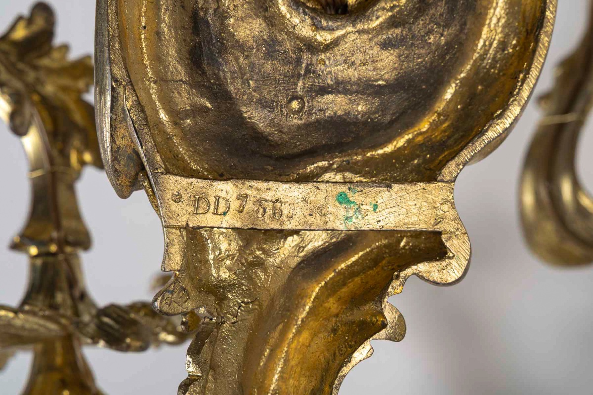 A Large Pair Of Louis XV Rocaille Style Three-light Wall Sconces In Gilt Bronze, C. 1850-photo-7