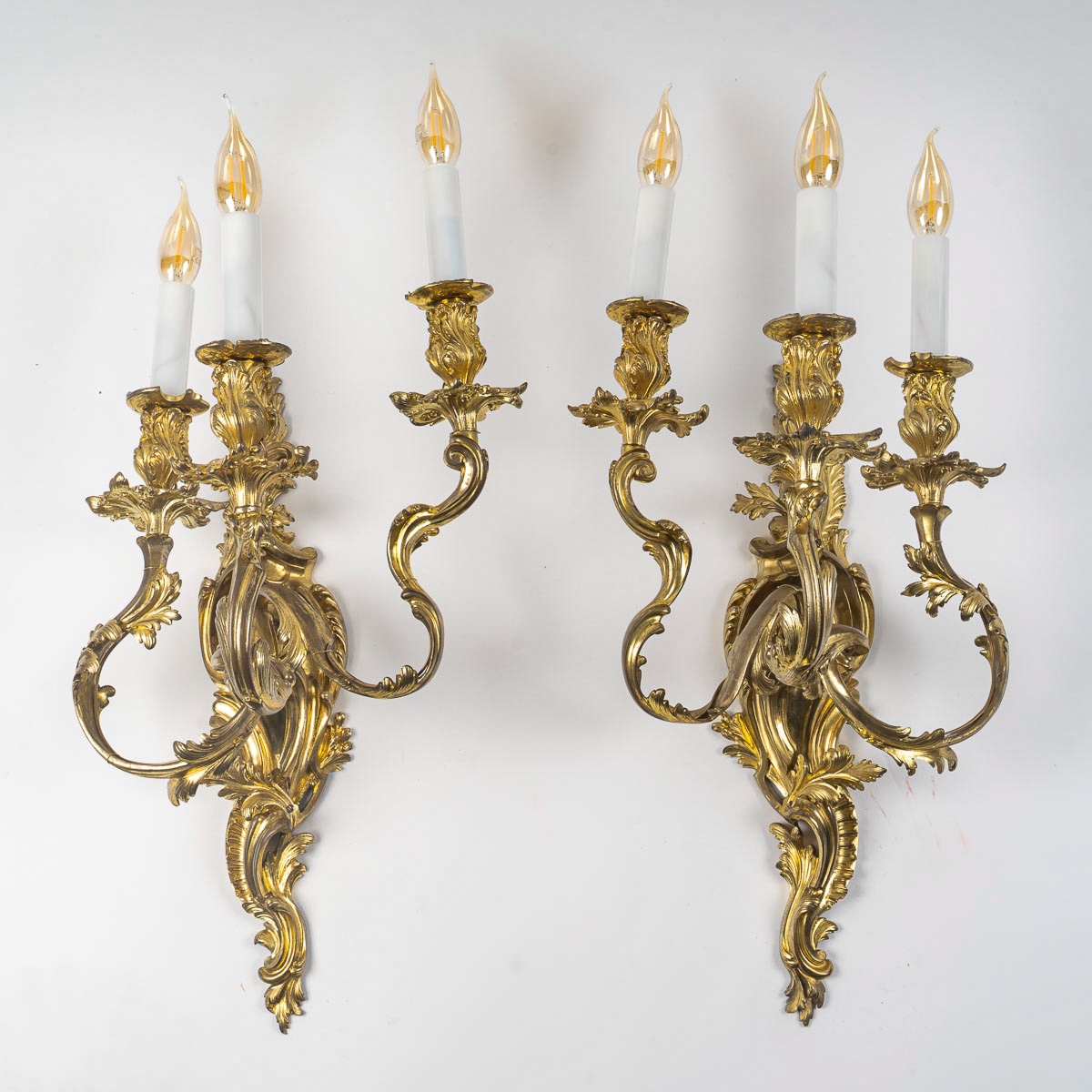 A Large Pair Of Louis XV Rocaille Style Three-light Wall Sconces In Gilt Bronze, C. 1850