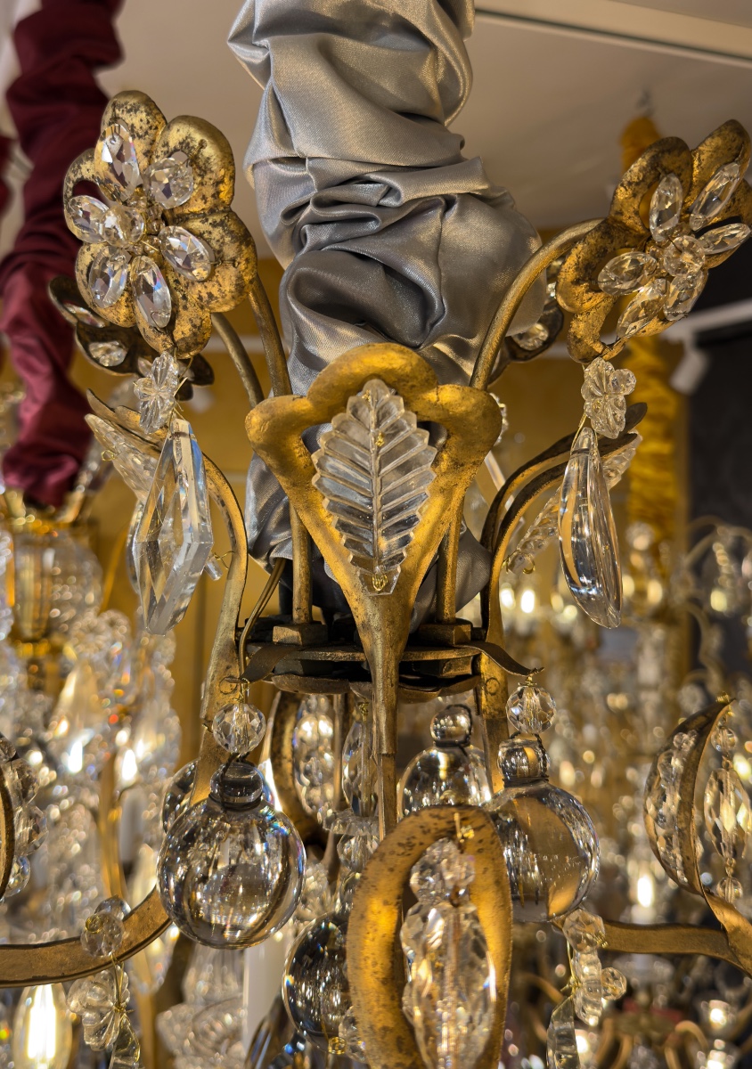Small Gilded Iron And Cut-crystal Cage Chandelier By Maison Baguès, C. 1920-photo-2