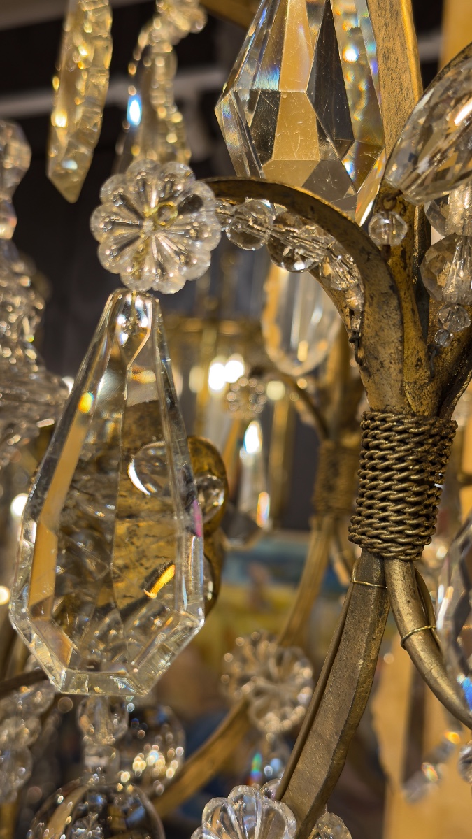 Small Gilded Iron And Cut-crystal Cage Chandelier By Maison Baguès, C. 1920-photo-2