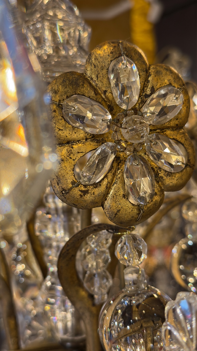 Small Gilded Iron And Cut-crystal Cage Chandelier By Maison Baguès, C. 1920-photo-4
