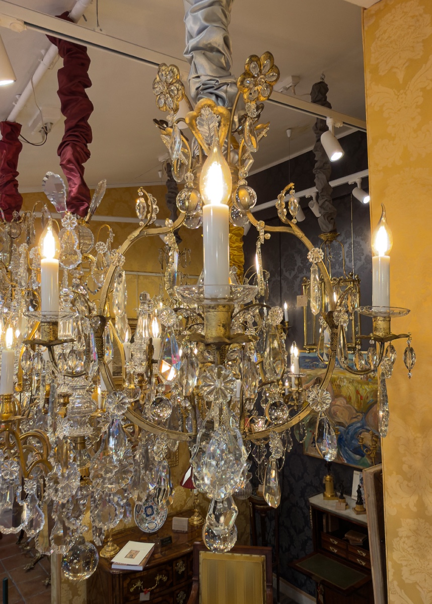 Small Gilded Iron And Cut-crystal Cage Chandelier By Maison Baguès, C. 1920-photo-8