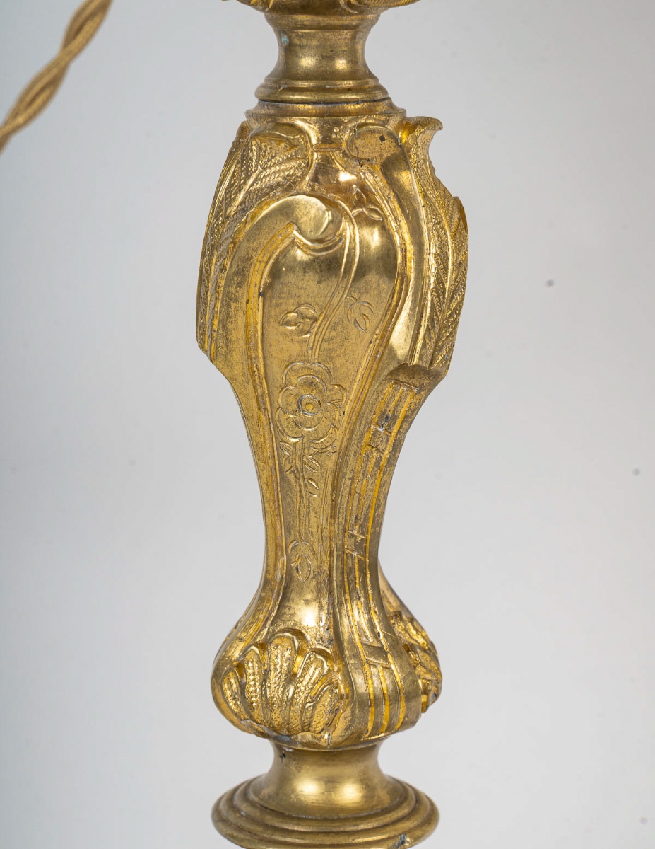A Pair Of Rocaille-style Gilt Bronze Flambeaux, Mounted As Lamps, Palais Ducal De Nevers 1820-photo-3