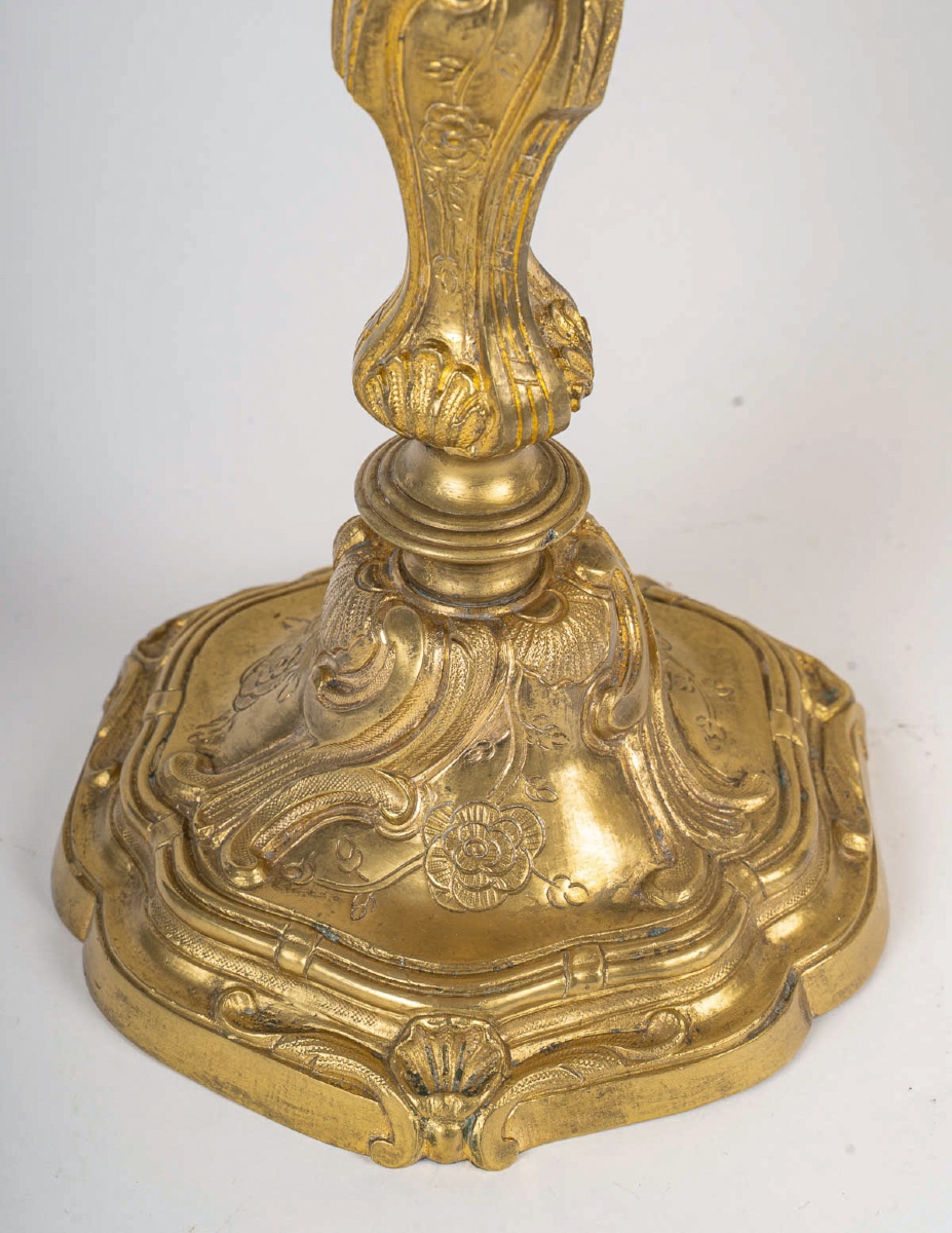 A Pair Of Rocaille-style Gilt Bronze Flambeaux, Mounted As Lamps, Palais Ducal De Nevers 1820-photo-4
