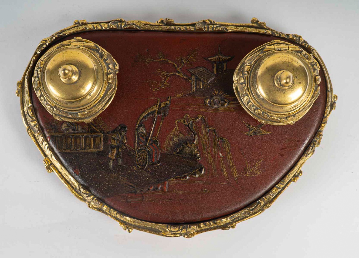 Encrier de bureau à monture en bronze et plaque de Vernis Martin époque époque Napoléon III-photo-2