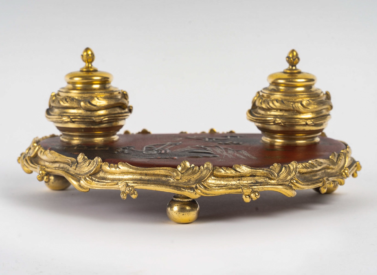 Encrier de bureau à monture en bronze et plaque de Vernis Martin époque époque Napoléon III-photo-5