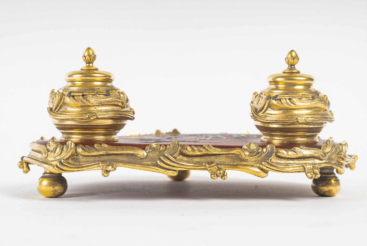 Encrier de bureau à monture en bronze et plaque de Vernis Martin époque époque Napoléon III-photo-7